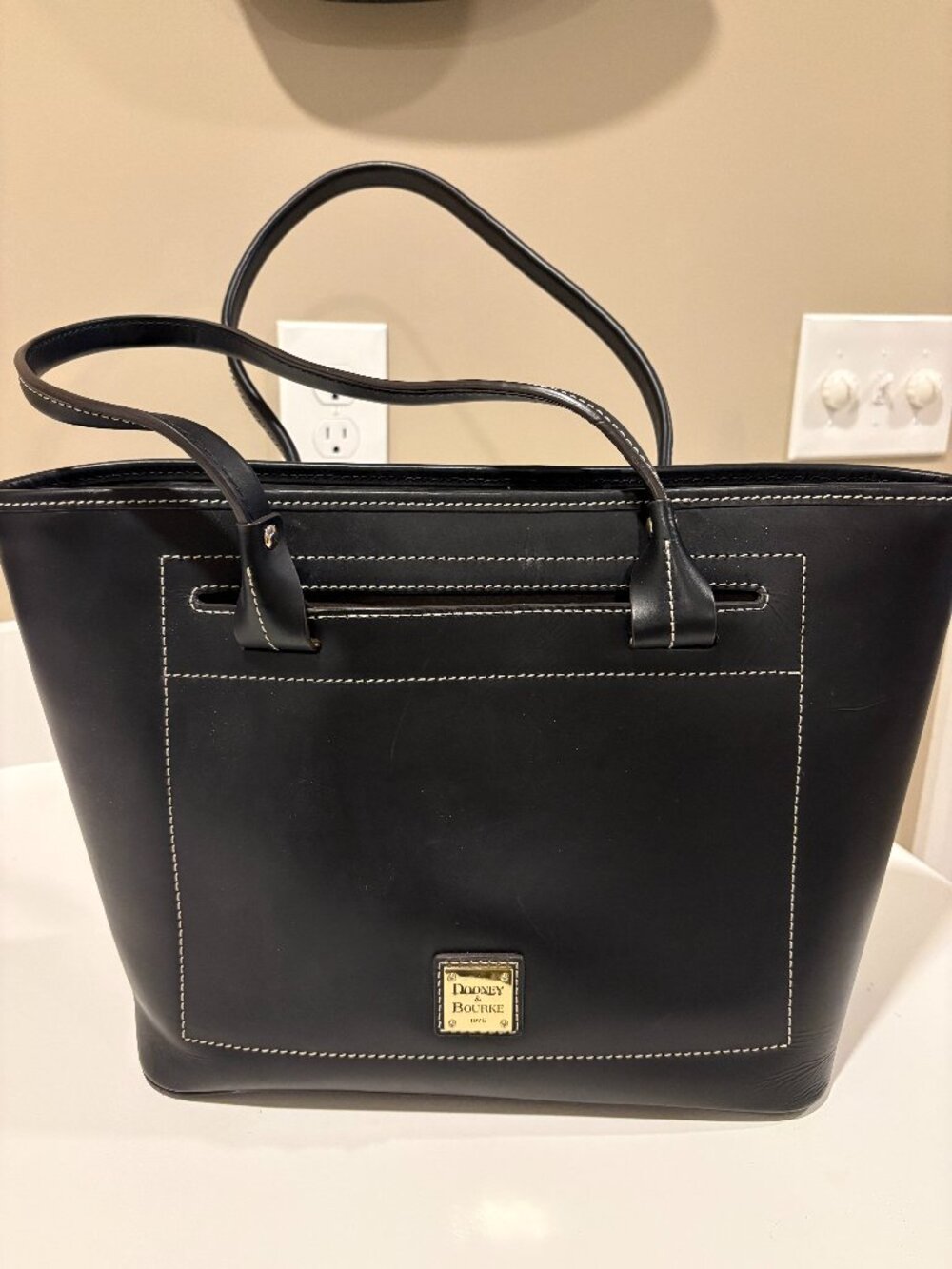 Dooney & Bourke Black Leather Tote with Contrast Stitching
